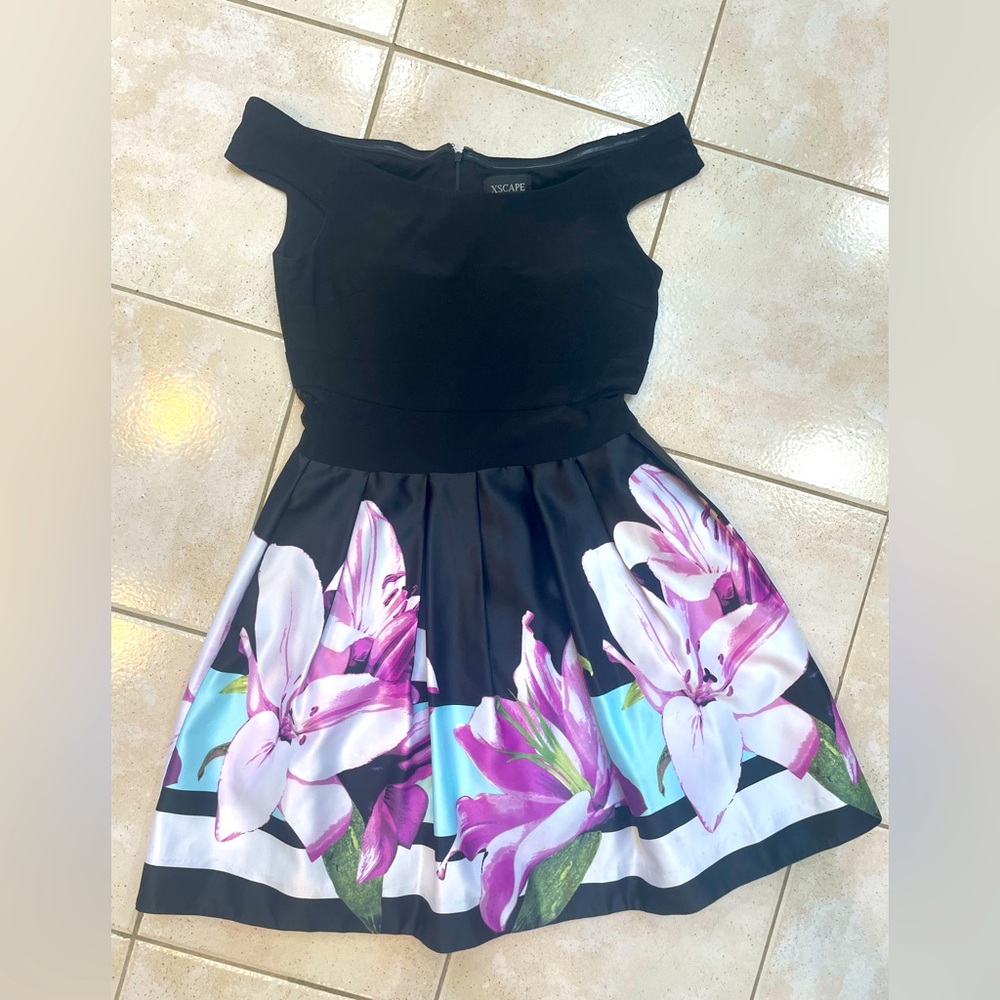 Xscape Black and Purple Floral Dress